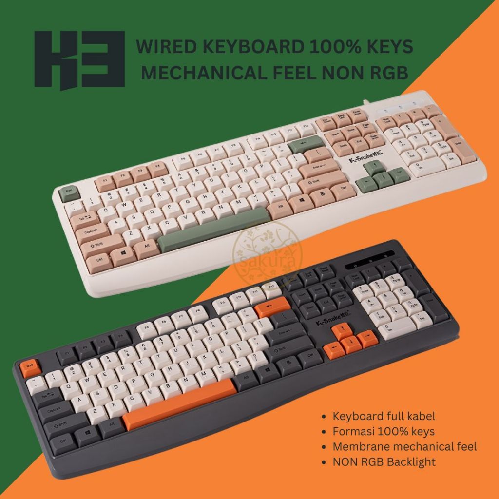 K3 Keyboard Komputer / Laptop USB Kabel 100% Keys Non RGB Light