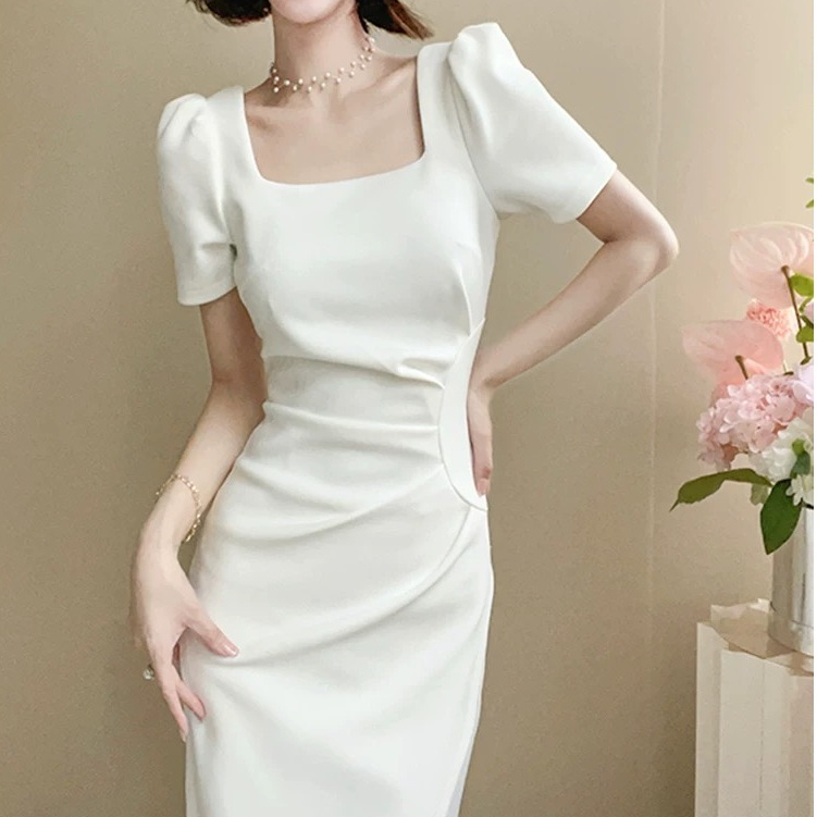 baju midi dress terbaru lebaran 2025 dress putih dress kondangan korean style Elegant princess lenga