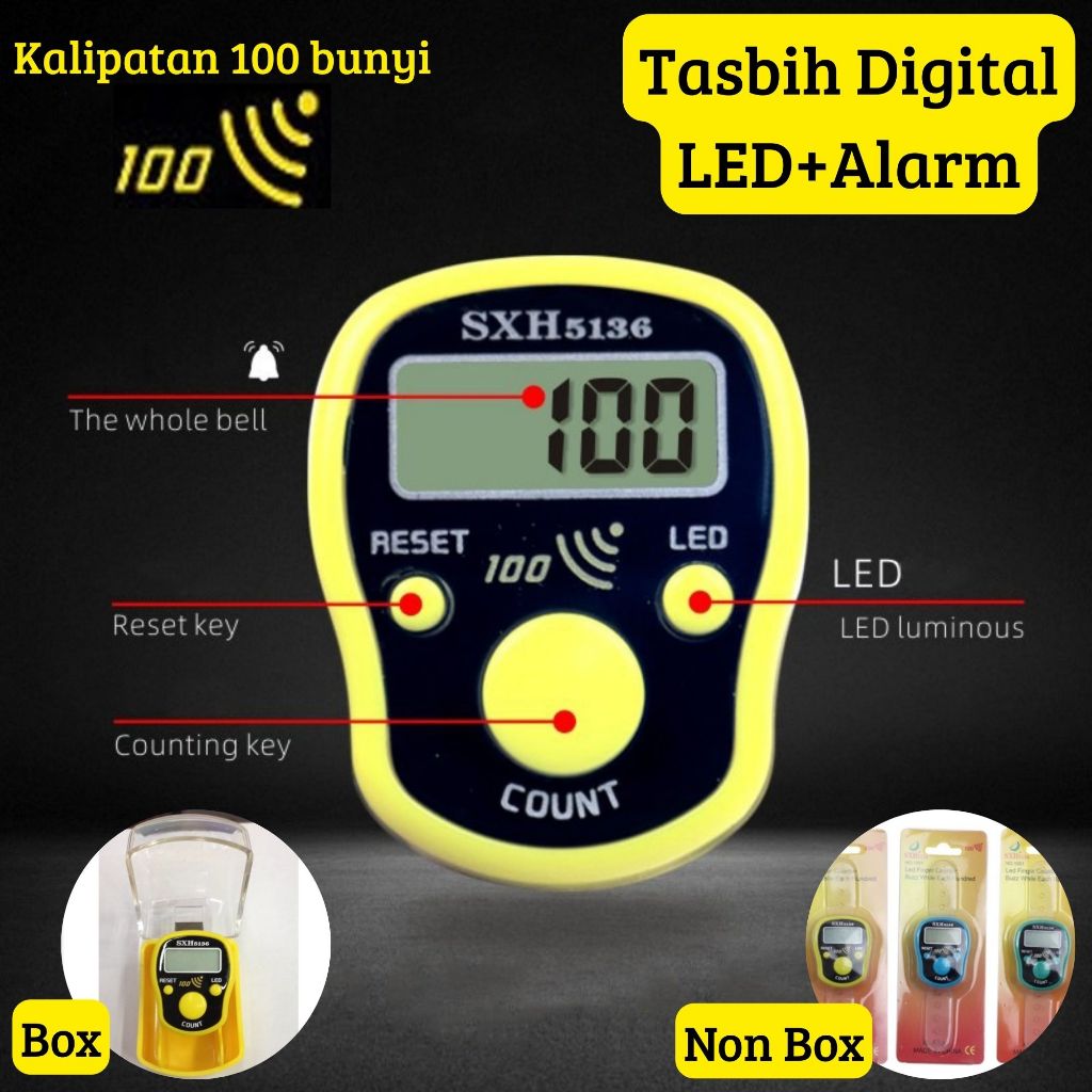 Tasbih Alarm LED SHX5136 Digital Finger Counter LED Alarm 100 Akan Bunyi 3 Tombol