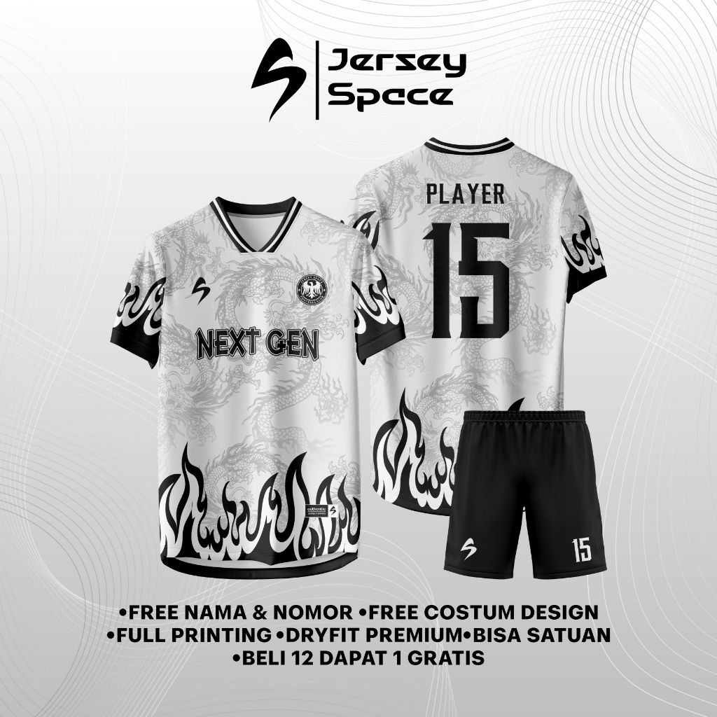 JS58 - Jersey Futsal Sepak Bola Full Printing Motif Naga Api Full Printing Free Costum Design
