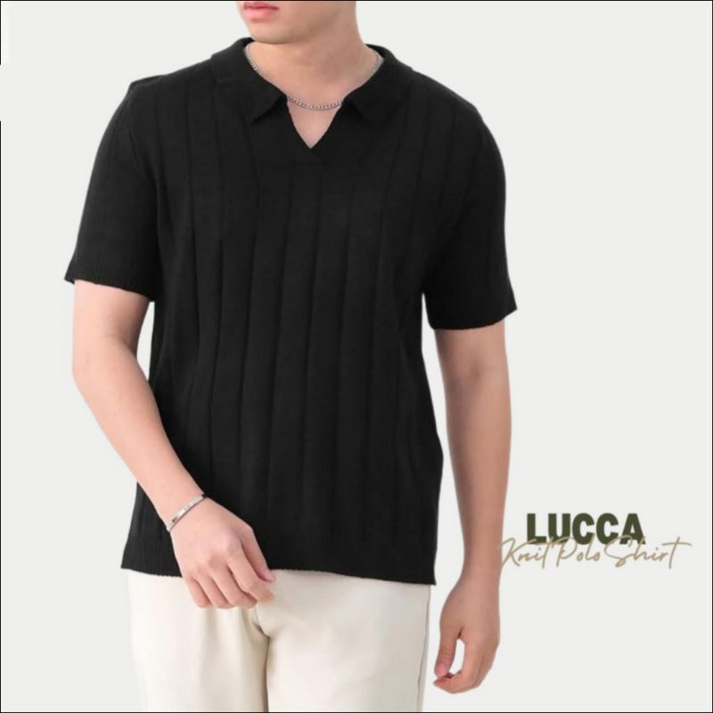 UNEXPECT - Polo Shirt Knit Black LUCCA V-Neck by Sanvanina | Kaos Polo Old Money Pria Tanpa Kancing 