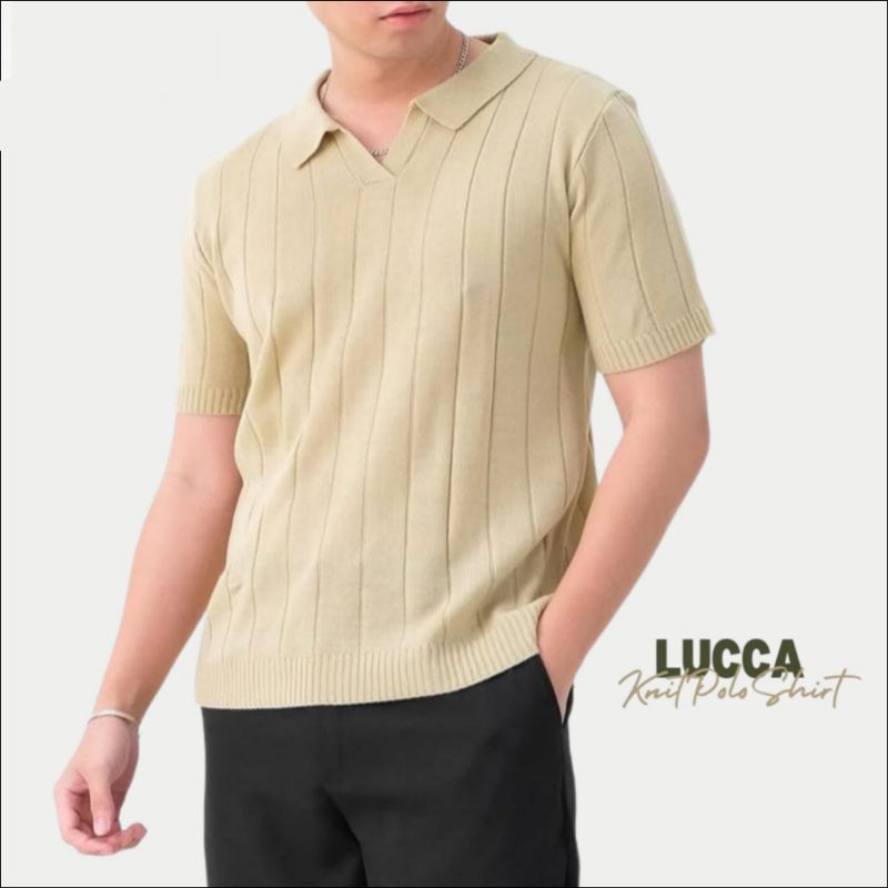 UNEXPECT - Polo Shirt Knit Latte Brown LUCCA V-Neck by Sanvanina | Kaos Polo Old Money Pria Tanpa Ka