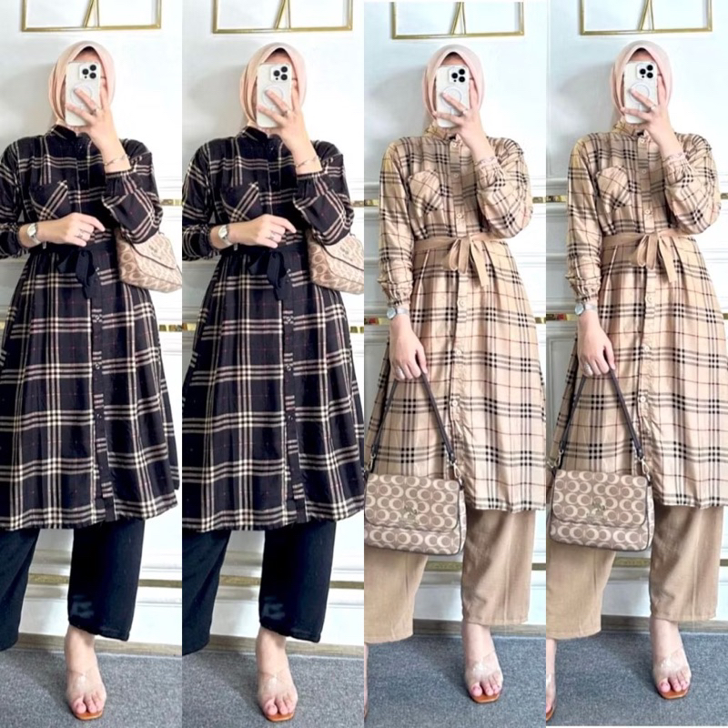 ONE SET TUNIK RAYON DIAMOND PREMIUM SETELAN CELANA PANJANG CRINGKLE MOTIF KOTAK KEKINIAN TERBARU TER