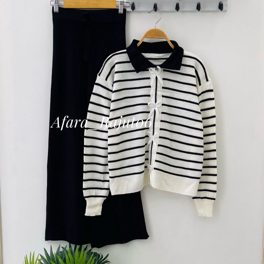 Oneset Abel Sweater Rajut Motif Pita Stripe Setelan Celana Kulot Wanita Premium Lengan Panjang Kekin
