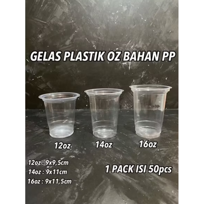 ISI 50pcs - Gelas Plastik 12oz 14oz 16oz - Gelas Plastik Datar Oz