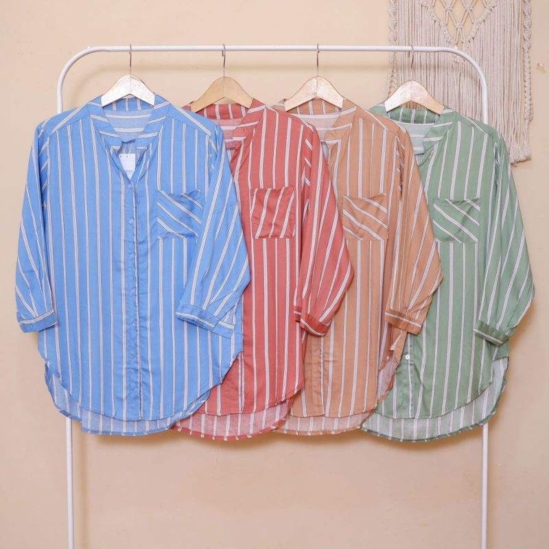 Kemeja Salur Wanita Bahan Rayon / Atasan Murah Wanita Motif Salur Bahan Cotton Rayon