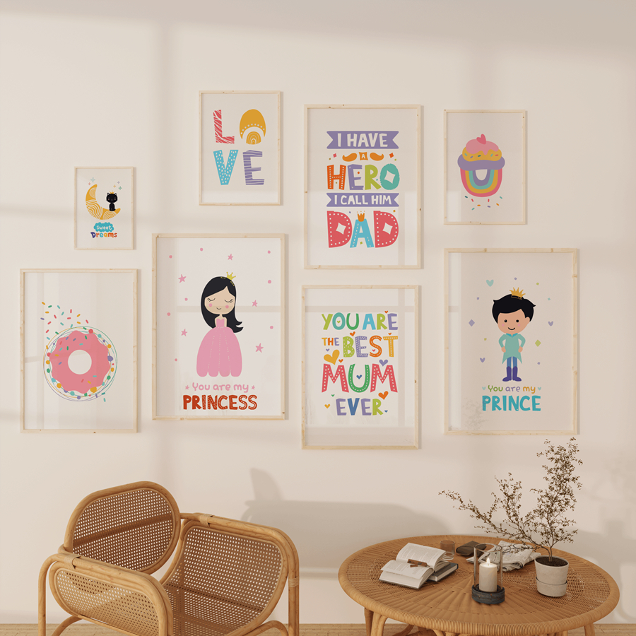 Hiasan Dinding Dekorasi Pajangan Ruang Tamu Kamar Tidur Anak Cartoon Prince Princess Ice Cream Donut