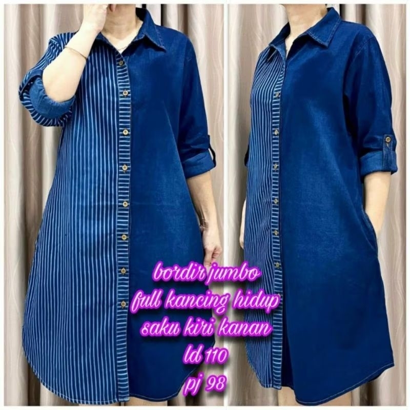 Dress tunik jeans denim motif salur jumbo 3L-5L