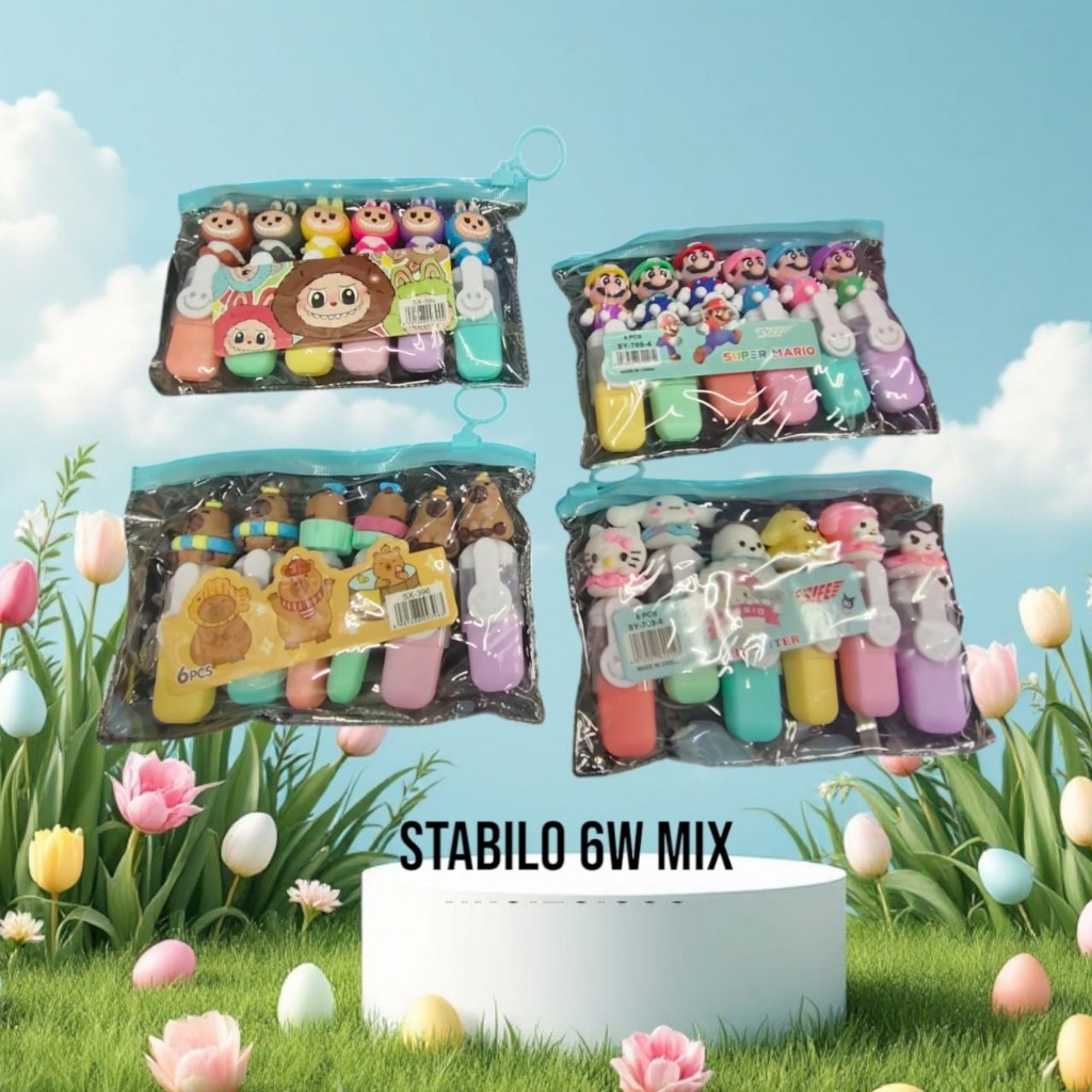 

stabilo 6warna /highligter 6w/stabilo kepala boneka