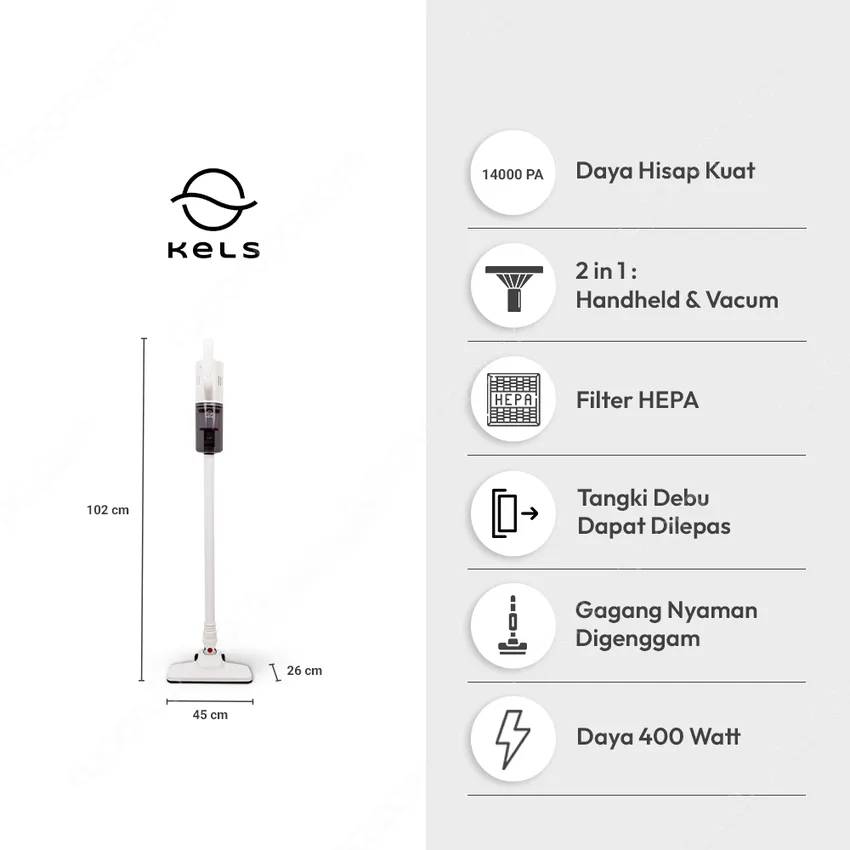 Kels Moxi Vacuum Cleaner 2-in-1 Putih 14000Pa 2.09kg HEPA