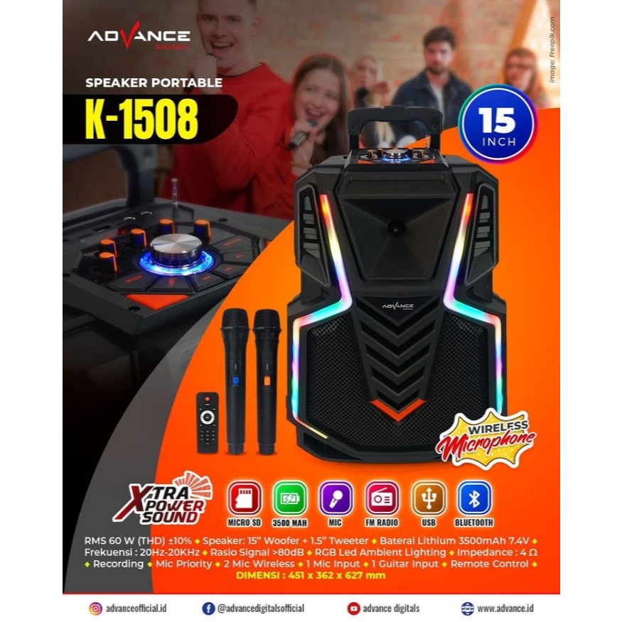 Speaker Advance K1508 / K-1508 Meeting Bluetooth Salon + 2 Mic Wireless Salon Aktif 15 inch