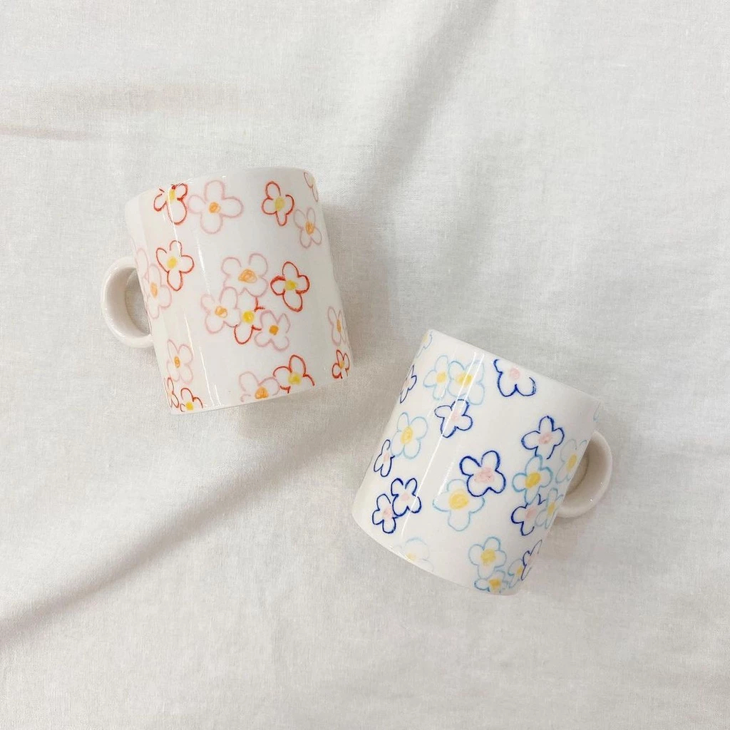 [gojocasa] Gelas Mug Keramik Motif Bunga Kartun Lucu Estetik Putih