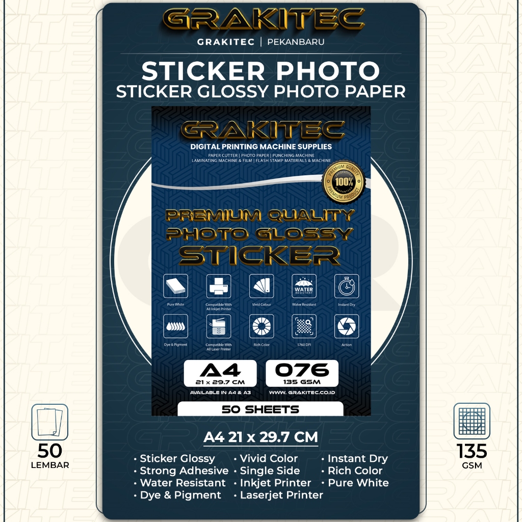 

Sticker Photo Paper A4 Isi 50 Lembar ( Kertas Foto Sticker Glossy Premium ) 135 atau 80 GSM GRAKITEC
