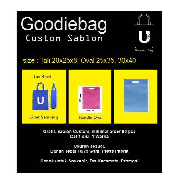 

Tas Spunbon Sablon 20x25x8 tali lipat samping dan oval 25x35, 30x40 d cut tas kain,tas souvenir,tas ulang tahun anak