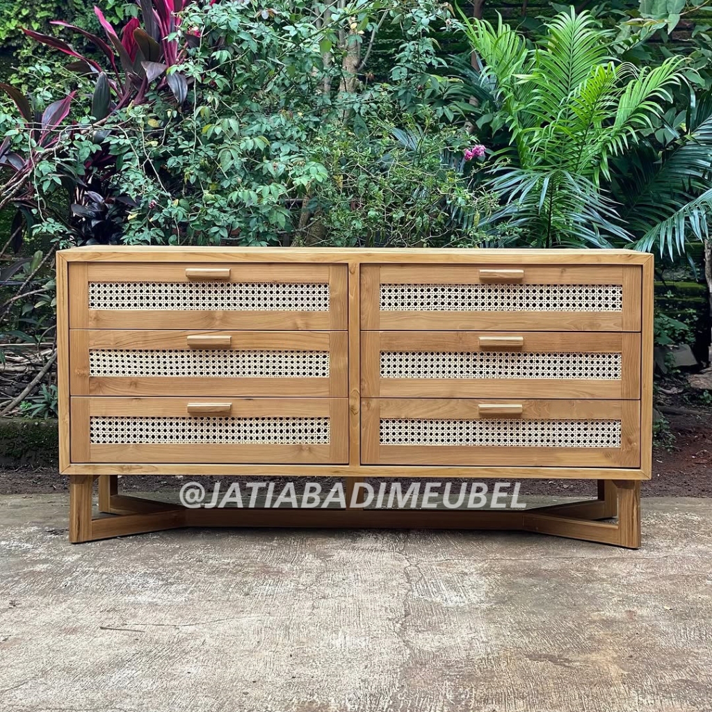 Nakas Rotan Jati, Bufet Tv Minimalis Rotan Kayu Jati, Buffet Lemari Laci Minimalis, Cabinet Jati