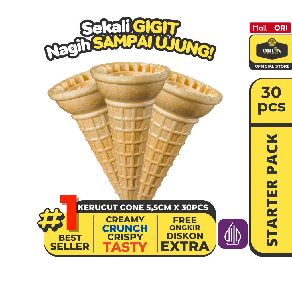 

ORLIN Starter Pack Wafer Cup Cone Kerucut 5,5cm x 12cm Isi 30pcs Sekali Gigit, Nagih Sampai Ujung