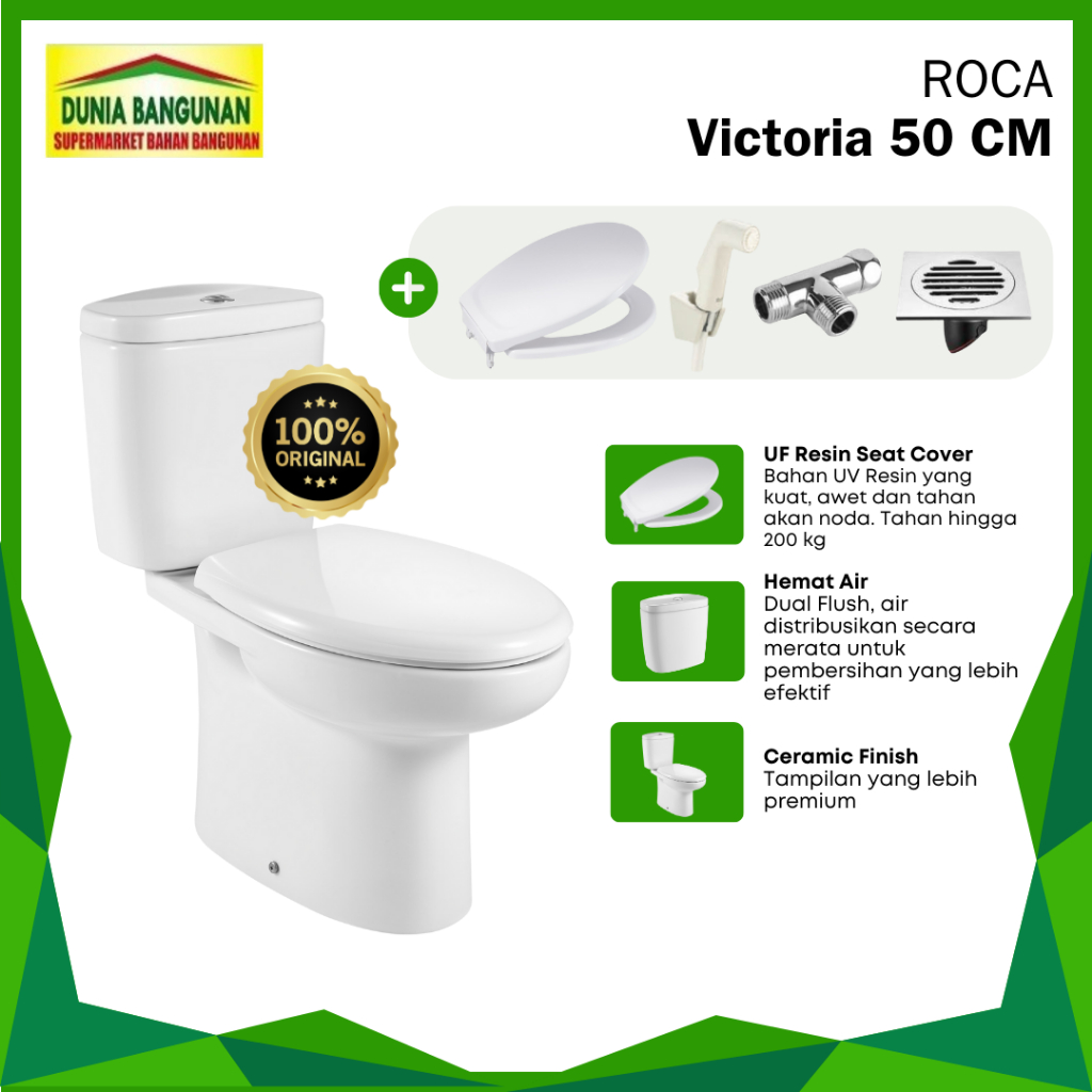 Kloset Duduk ROCA Victoria / Toilet Duduk / Closet Duduk AS 50 CM Paket Full Set Jet Shower Putih