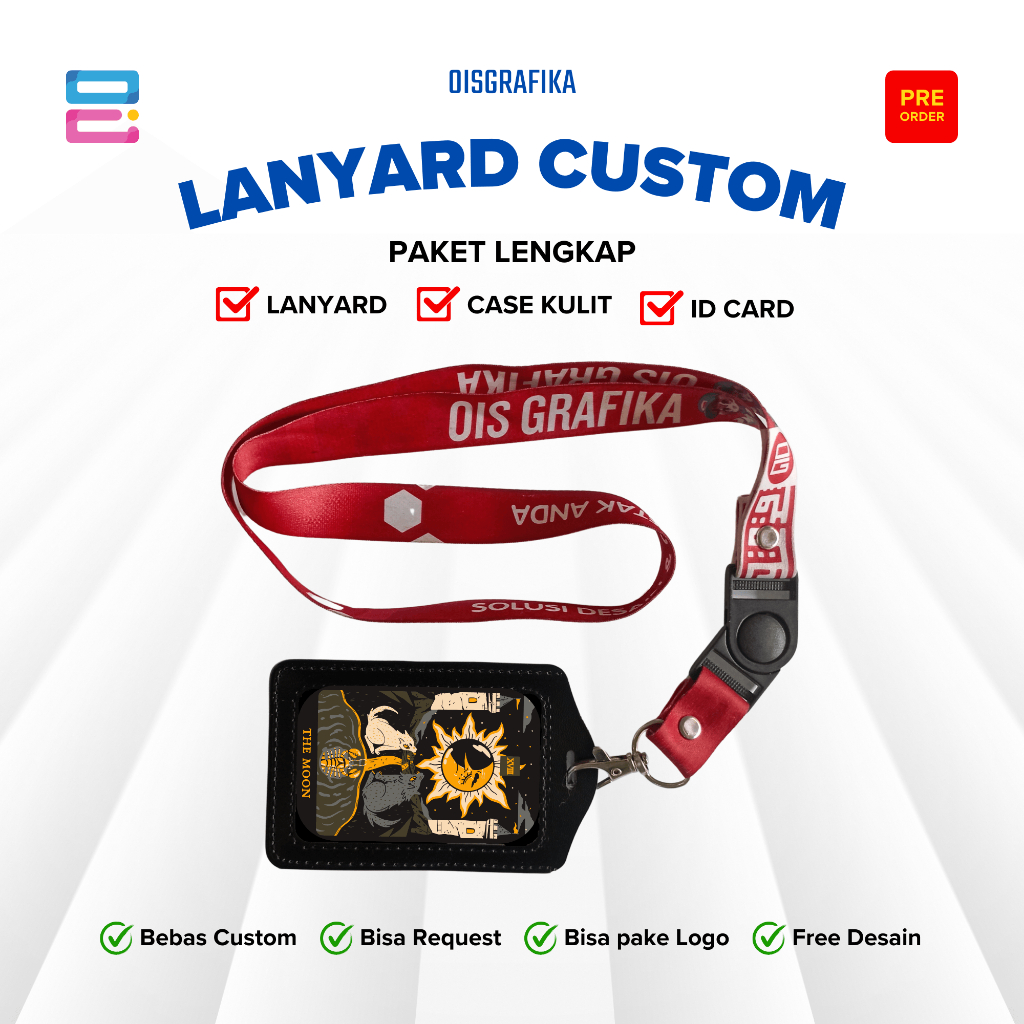 

Lanyard Custom Tali ID Card + ID Card + Case Kulit - 1 SET Full Print 2 sisi