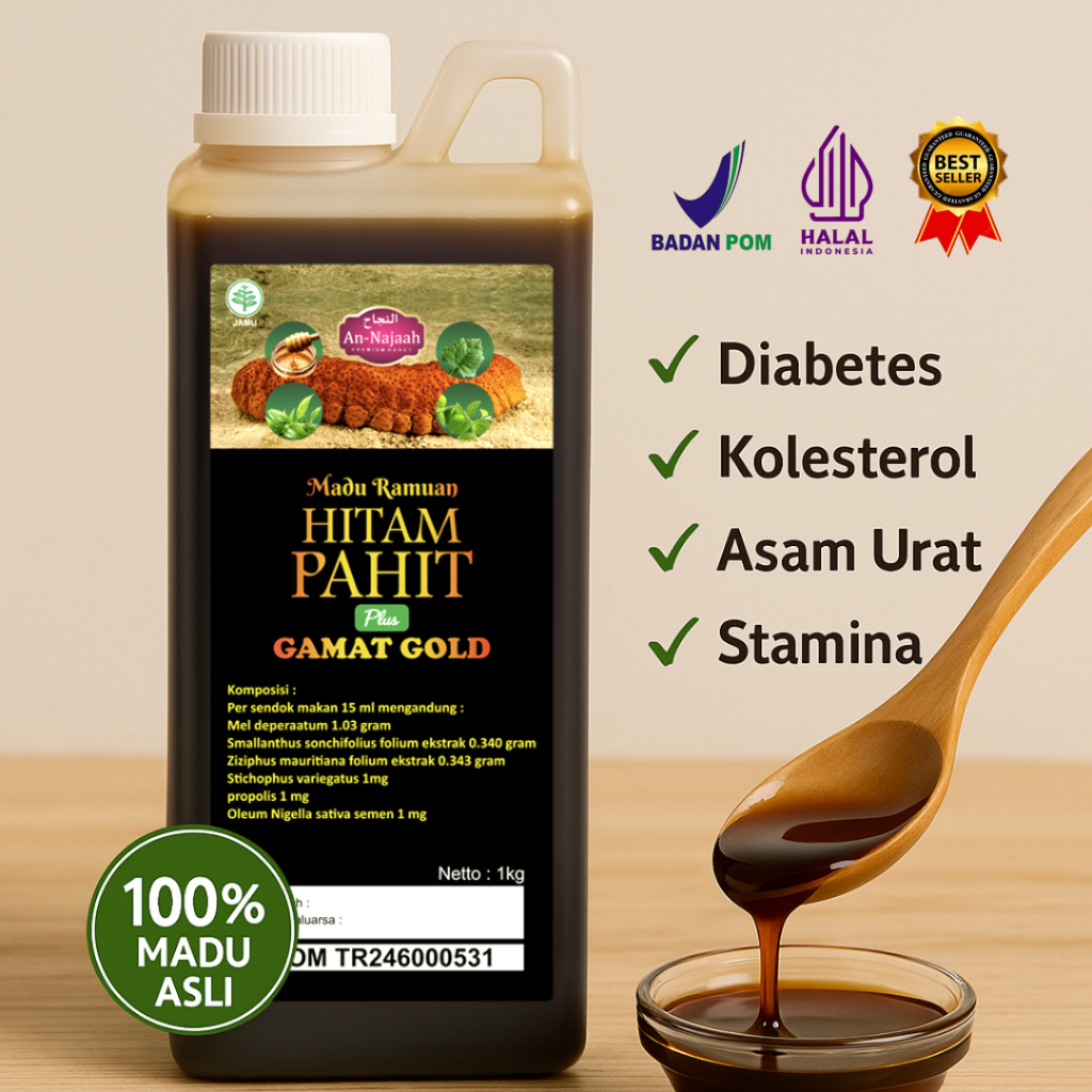 

Madu Hitam Pahit Gamat Gold 1 kg Plus Daun Insulin Dan Sambiloto asli AN-NAJAAH Original Bpom