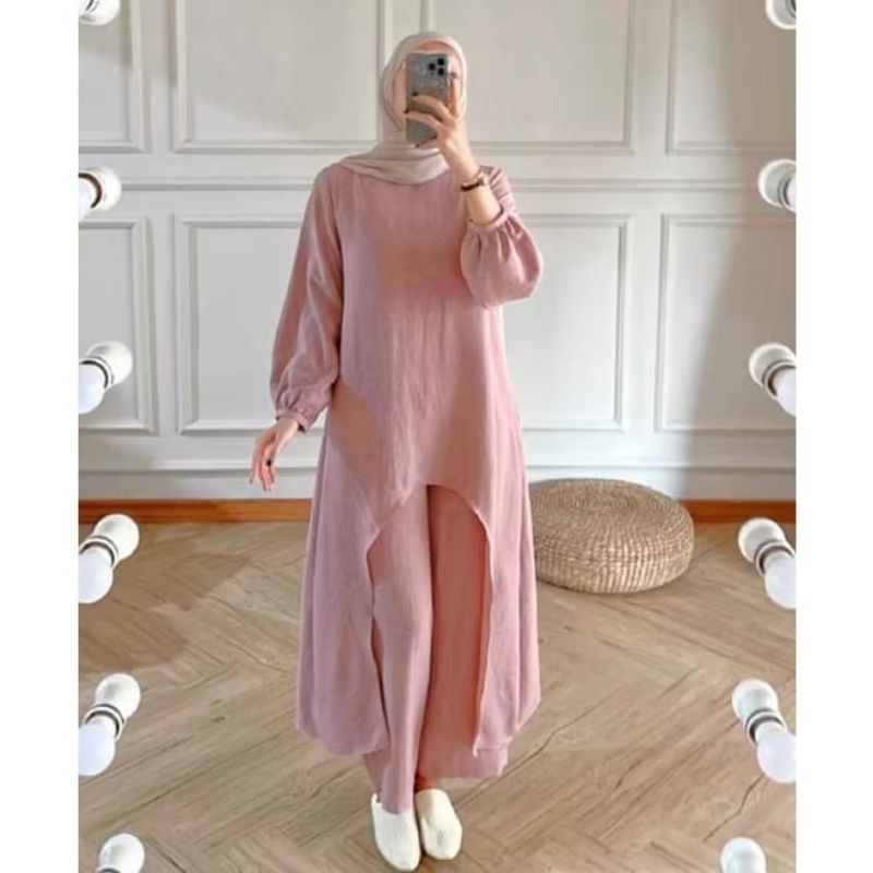 Aila Set 2in Setelan Wanita Daily Long Tunik Dan Kulot Bahan Crincle BAJU PUTIH