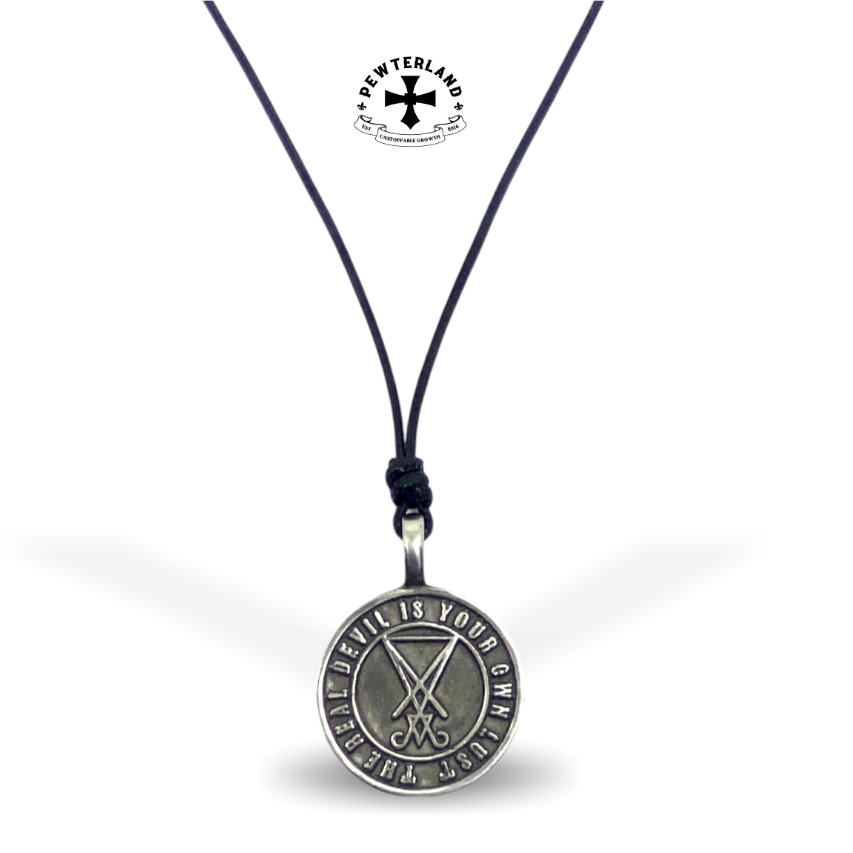 Pewterland Kalung 2D Sigil of Lucifer Bahan Logam Timah Tali Serat Kulit Pria dan Wanita
