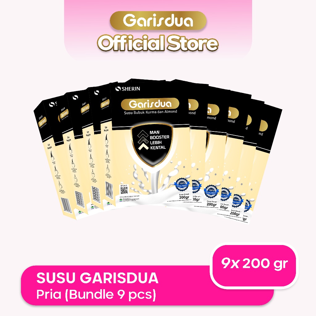 

GARISDUA - 9PCS Susu GarisDua PRIA (9x200gr) - Susu kesuburan Pria, Meningkatkan Kualitas Sperma - Alami | BPOM & Halal MUI