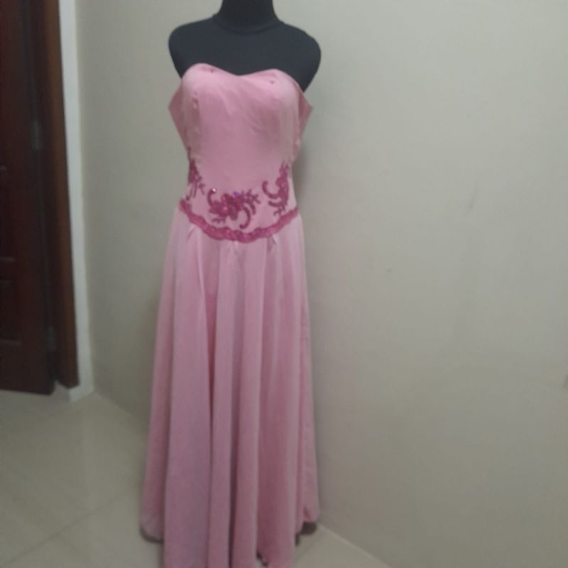 Dress Pink Panjang Lengan Buntung Kemben Gaun Pesta Bridesmaid Bridal Ulang Tahun