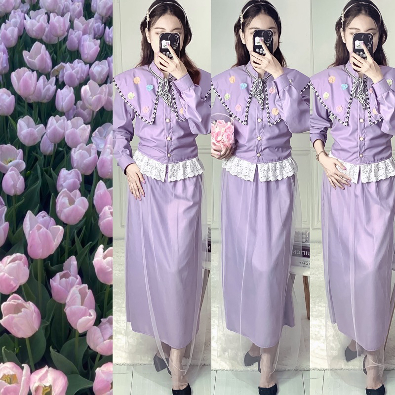 LOWY BKK / KOREA MODEL VINTAGE GIRLY WANITA/ ONESET FEMINIM  COQUETTE DRESS / PURPLE DRESS / LILAC D