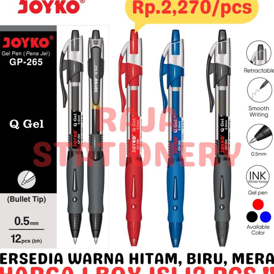 

COD JOYKO GEL PEN QGEL GP265 PENA PULPEN JOYKO CETEK HITAM BIRU MERAH GP265 REFILL PEN QGEL GP265 BOX