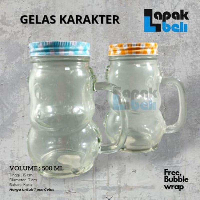 DRINKING JAR KACA KARAKTER TUTUP STAINLES / GELAS JAR UNIK / GELAS JAR