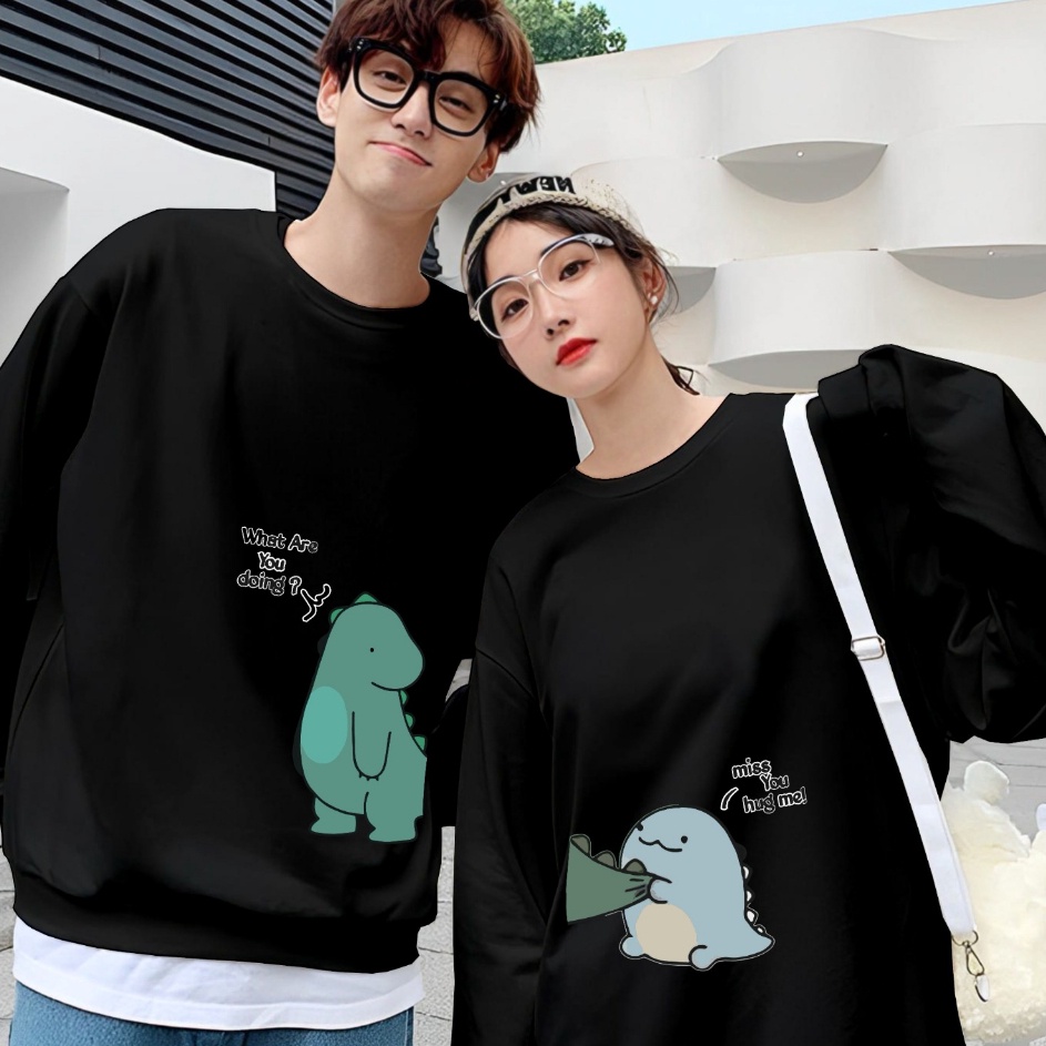 Kaos Couple Pasangan Dino Kaos Pria Wanita Lengan Panjang Bahan Baby Terry PremiumKaos Kapelan