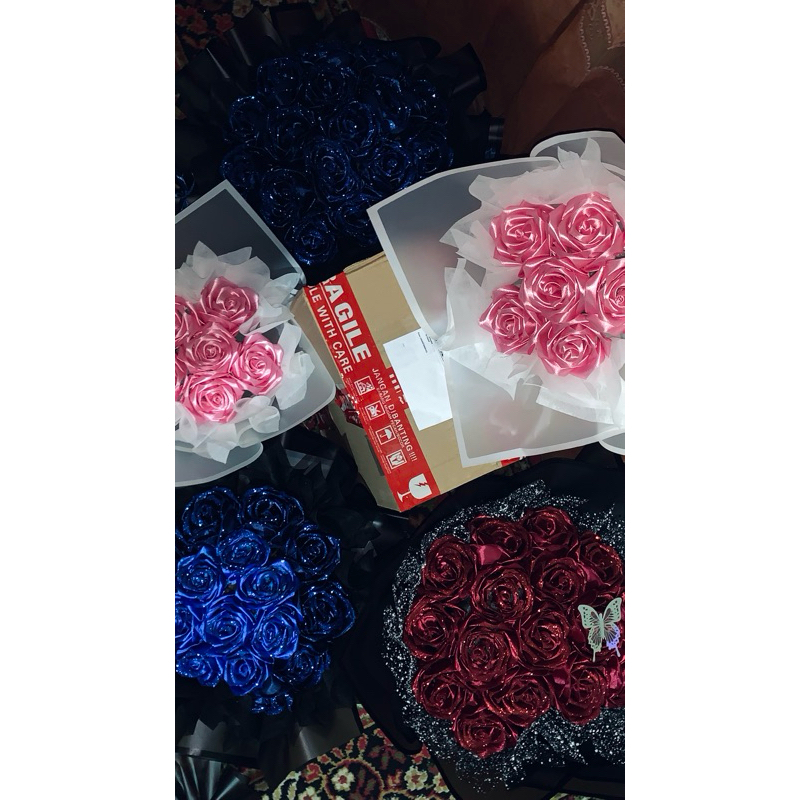 

buket bunga pita satin 10 pcs+ glitter bulat