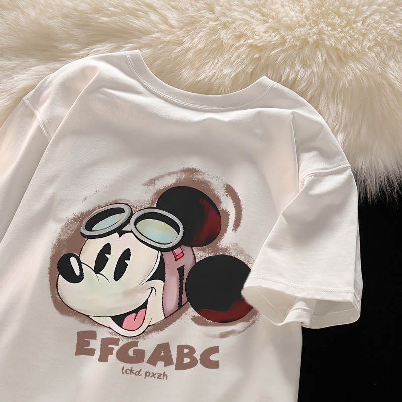 Po floret Baju Kaos Oversize Wanita Skena Disney Print Atasan Kaos Lengan Pendek Tebal Putih