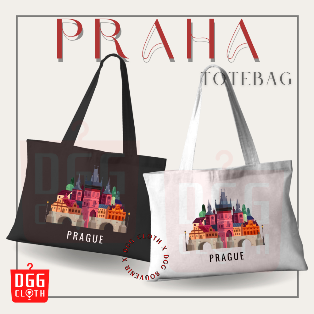 DGGCloth Tote Bag Praha, Totebag Sablon Oleh Oleh Praha Bahan Blacu Dengan Perekat Type 3