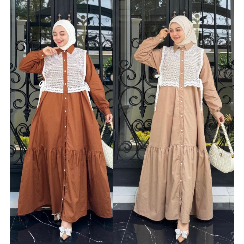 RUBY DRESS/DRESS SYAHARA KATUN POPLIN TERBARU MIX BURKAT KEKINIAN 2024/GAMIS KOMBINASI BROKAT PREMIU