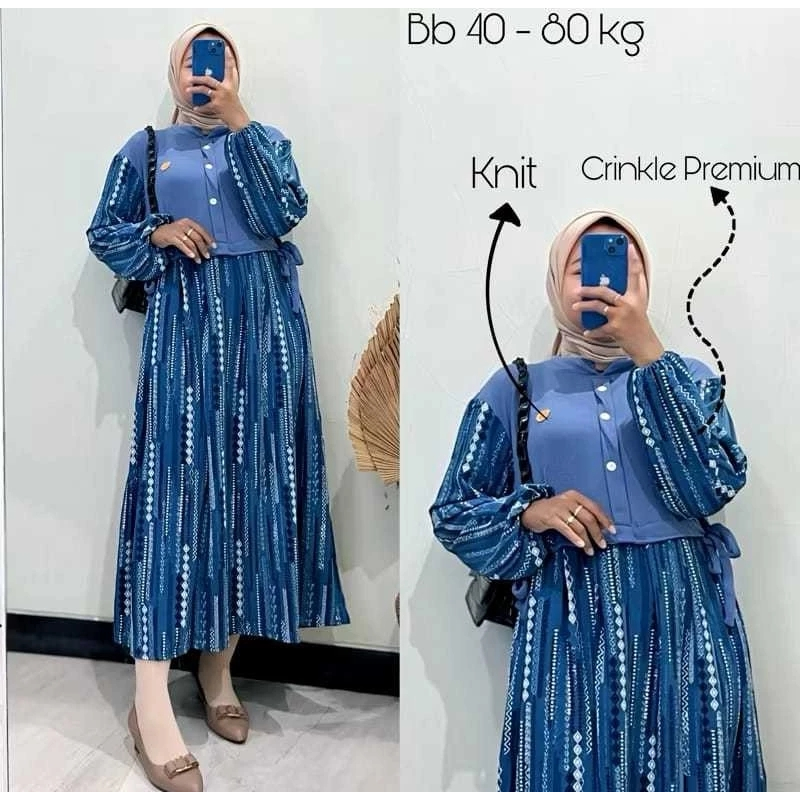Midi Dress Motif Etnik Bahan Knit x Crinkle Airflow Premium