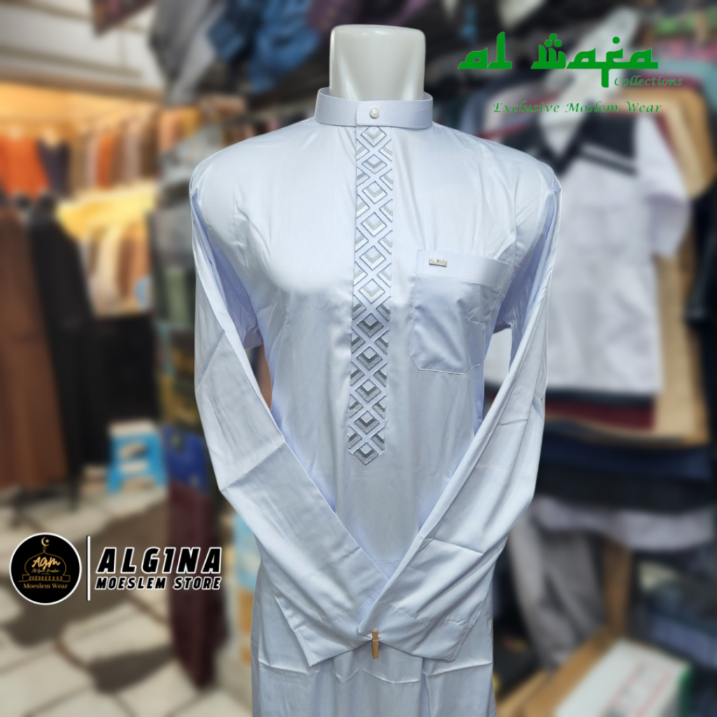 Gamis Al Wafa Putih Bordir Lengan Panjang Manset & Cuff Bahan Satin Korea Resleting | Jubah Muslim L