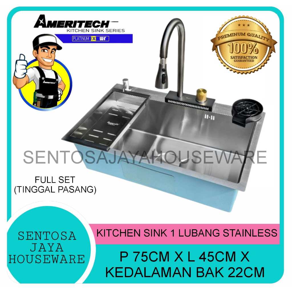 SINK CUCI PIRING 1 LUBANG BESAR STAINLESS  / WASTAFEL CUCI PIRING 1 LUBANG STAINLESS AMERITECH