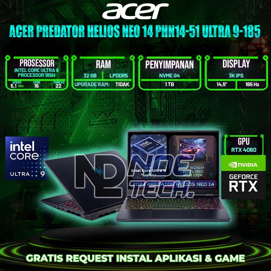 ACER Predator Helios Neo 14 PHN14-51 Ultra 9-185H RTX4060