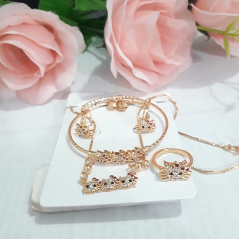 Set kalung gelang anting tiga pita bulat kecil accessories anak warna gold