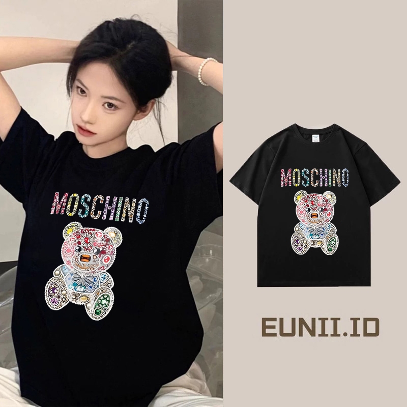 EUNII Kaos Wanita  Trendy Lengan Pendek Motif Beruang / Kaos Hitam Korea Ukuran Besar / Atasan Premi