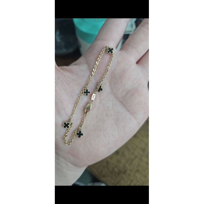 gelang serut bunga clover batu hitam kekinian emas asli 700 70% 16K polos