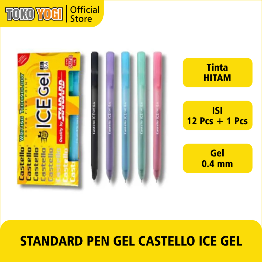 

BALLPOINT STANDARD CASTELLO ICE GEL 0.4mm || HITAM || 1 PACK (isi 12pcs + 1 pcs)