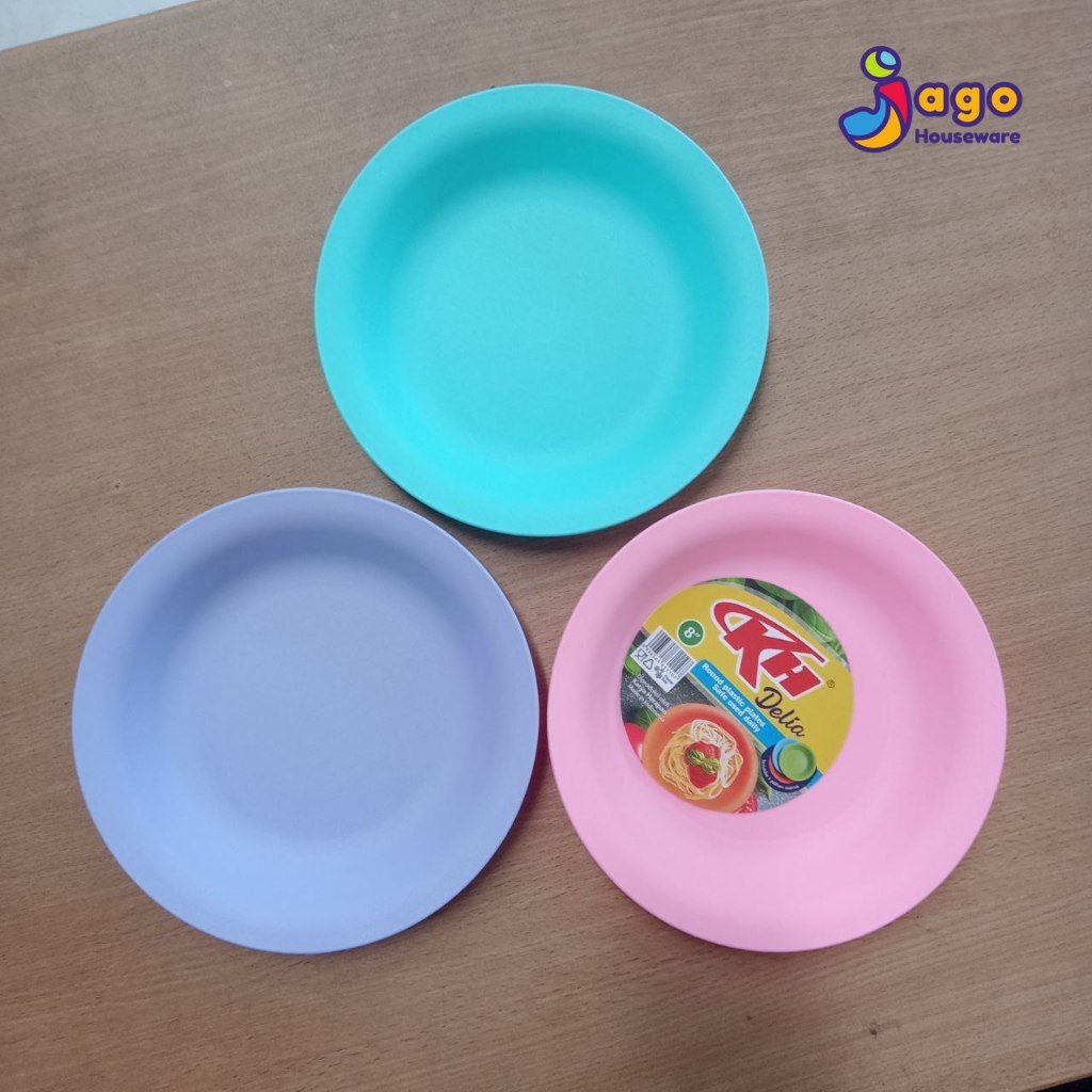 Piring Plastik Delia KH, Piring Makan Tebal Bulat Diameter 20cm & 23cm Warna Biru / Pink / Tosca