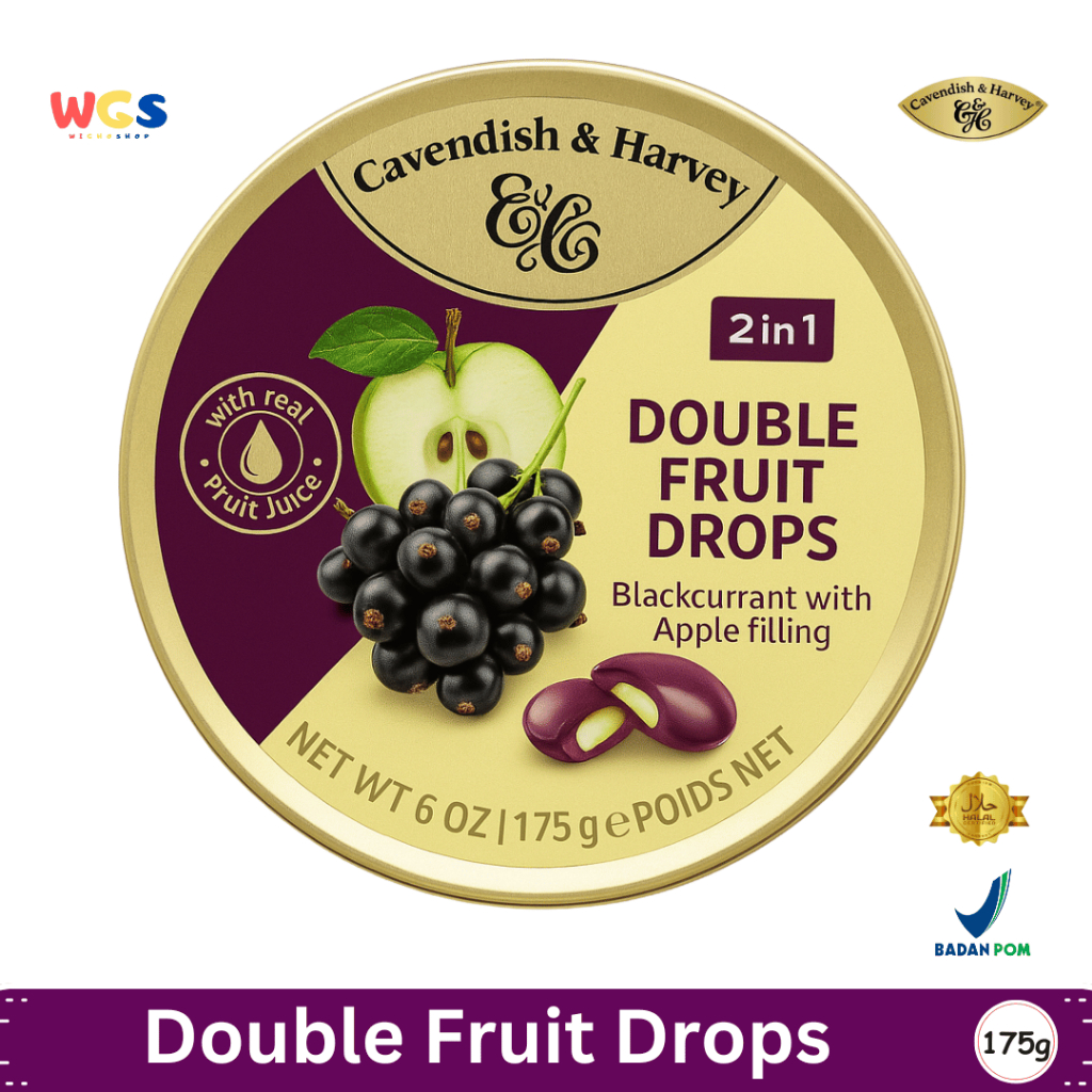 

Cavendish & Harvey Double Fruit Drops 175g - Permen Isi Blackcurrant & Apel 2 in 1