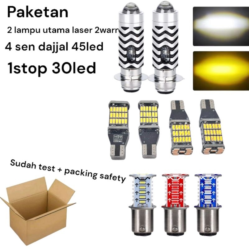 paketan 2 pcs lampu vario depan laser H6 senja biru+4 pcs sen dajjal 45led senja diam + stoplamp 30m