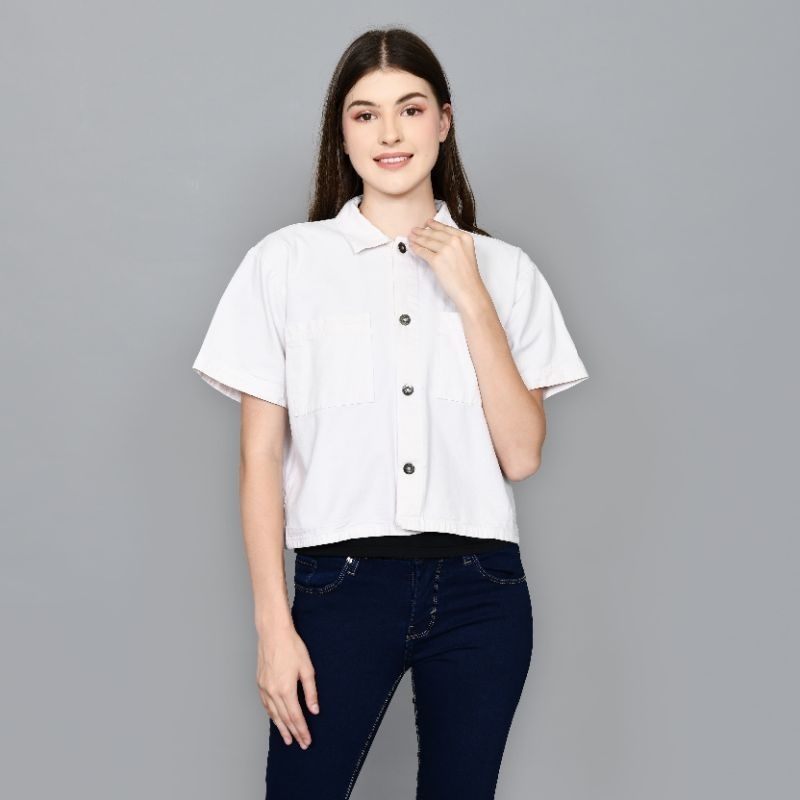 Kemeja Crop Jeans Wanita Lengan Pendek