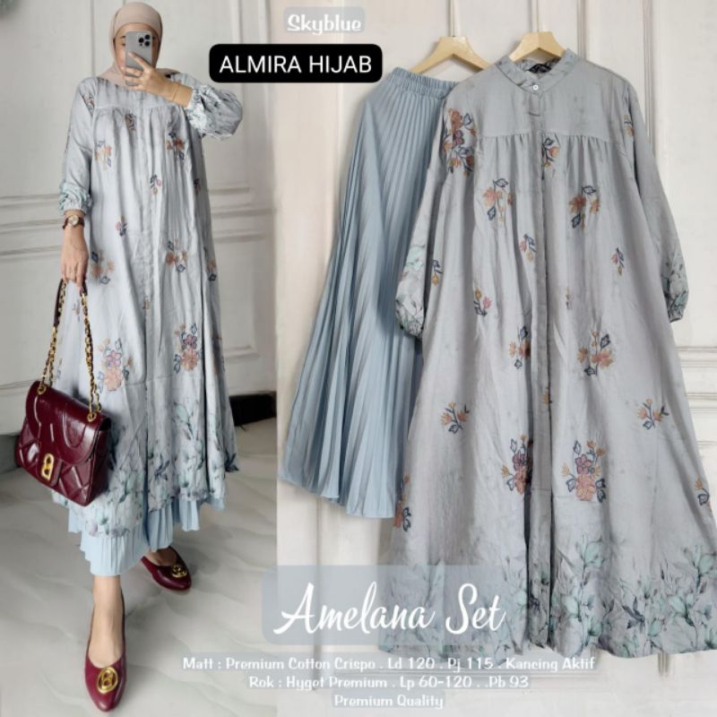 AMELANA ONE SET • SETELAN TUNIK MOTIF MIX ROK PLISKET