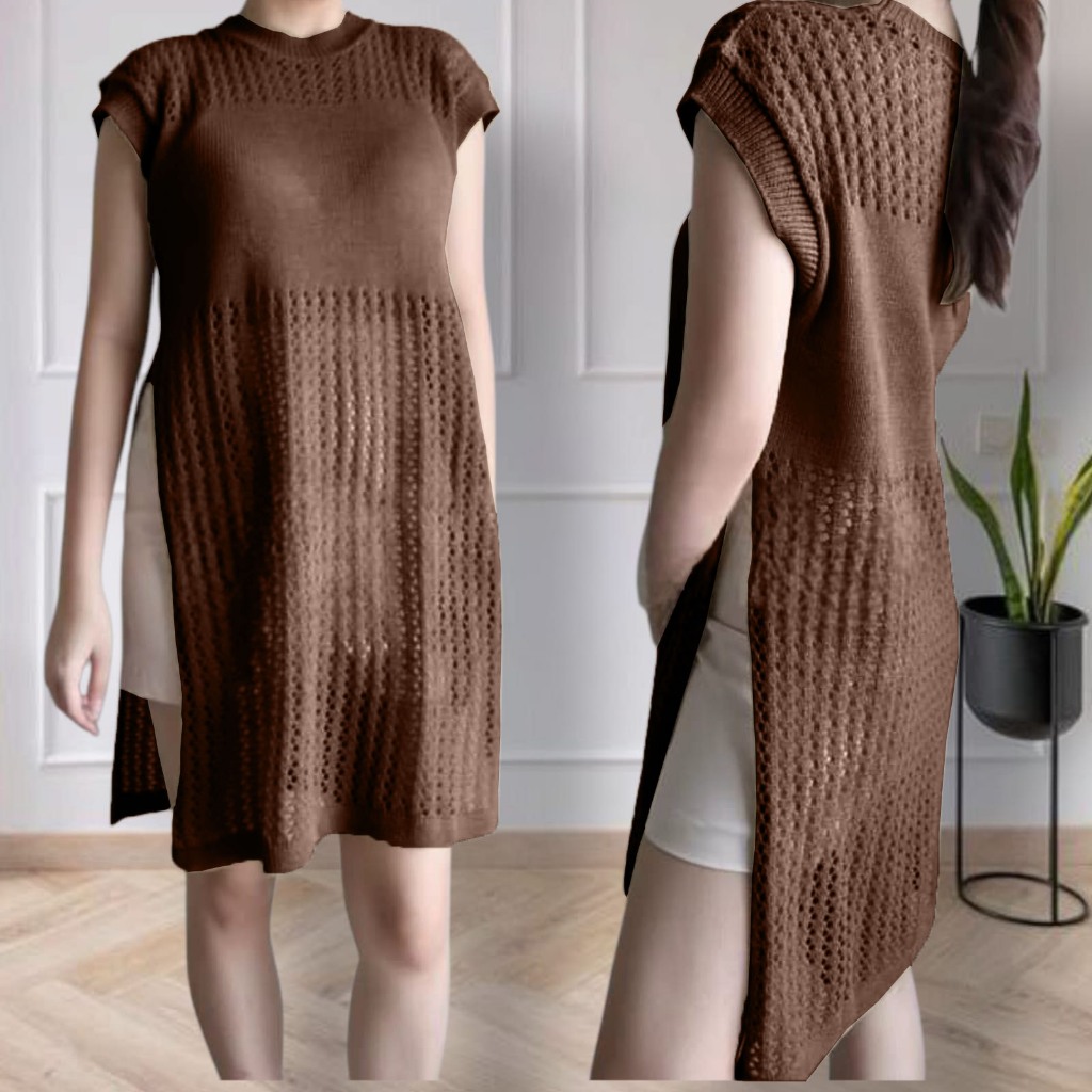 Ruby Knit Top Outher Premium Korean Import - Tunik Jaring Rajut Wanita Belah Samping Tanpa Lengan Pr