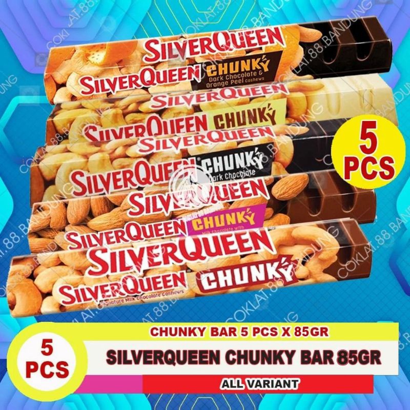 

SILVERQUEEN CHUNKY BAR ISI 5 PCS X 85 GR ex 95 gr, COKLAT SILVER QUEEN CHUNKY BAR 85GR Almond Mede